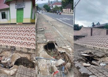 Trotoar Ambruk di Koto Baru Ancam Pejalan Kaki